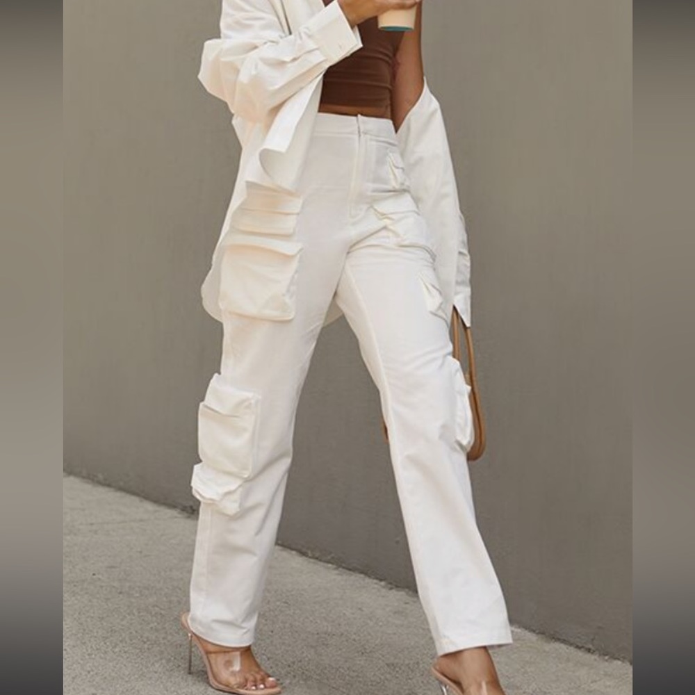 High Rise White Cargo Pants
